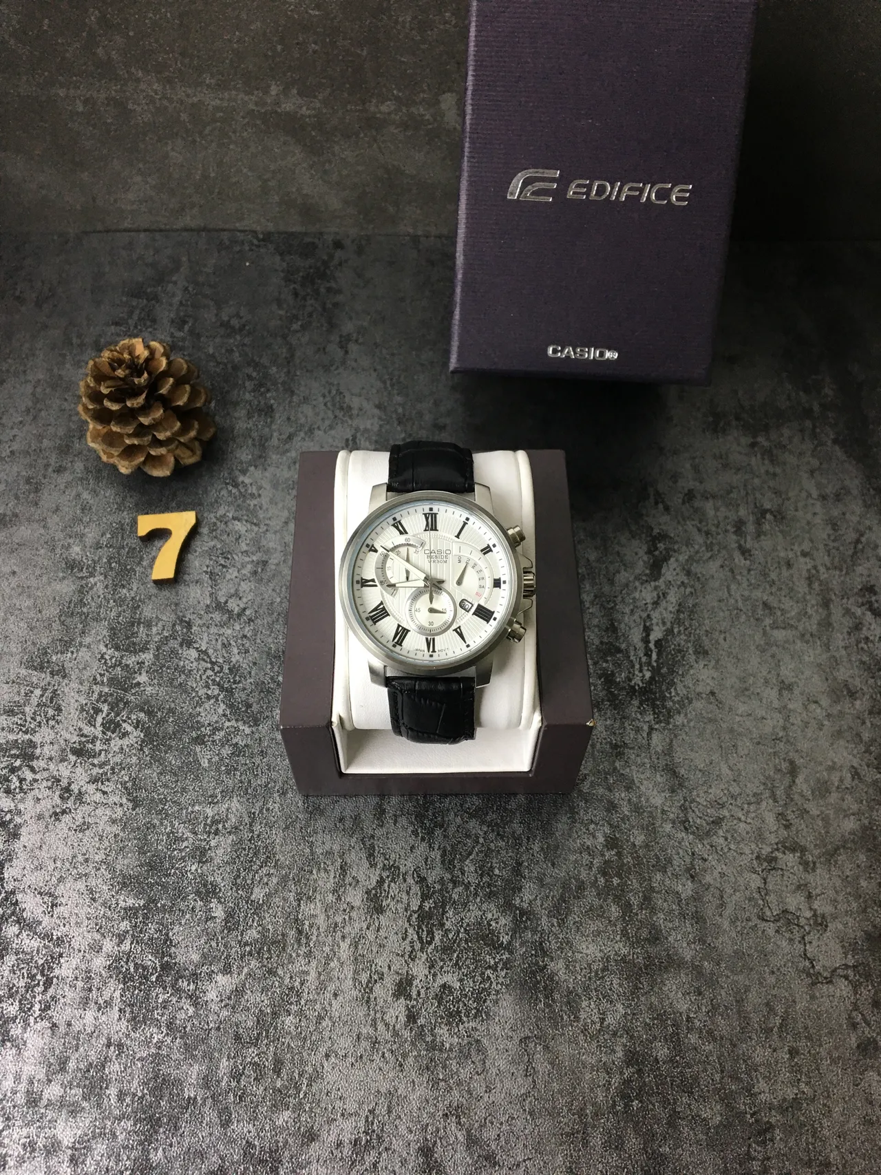 Casio Beside Chronograph White Dial Black Leather Strap Quartz Watch 3