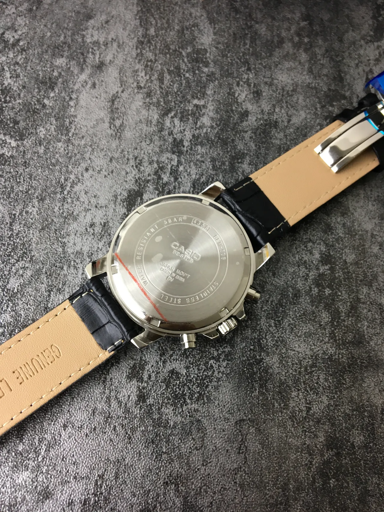 Casio Beside Chronograph White Dial Black Leather Strap Quartz Watch 4