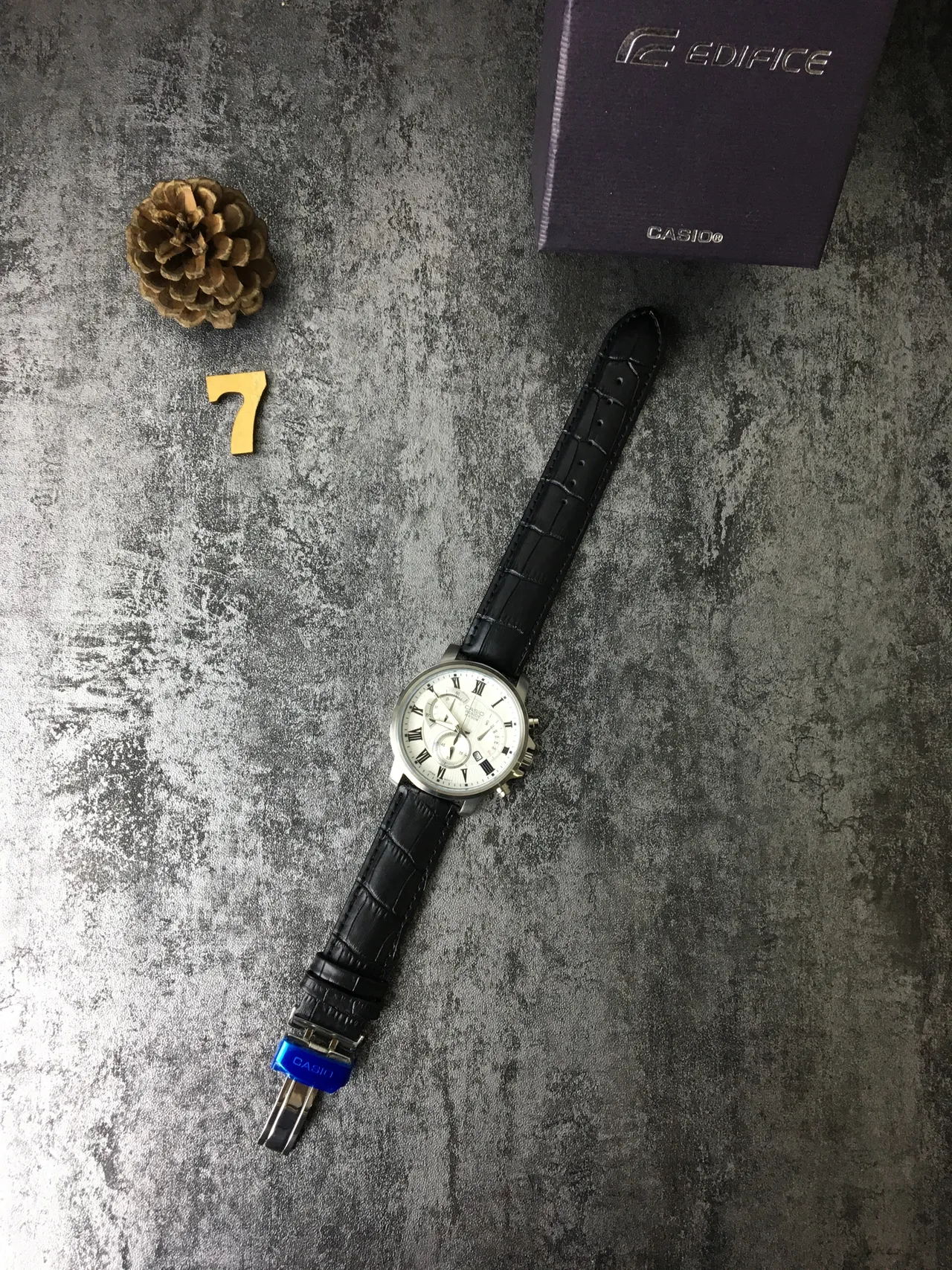 Casio Beside Chronograph White Dial Black Leather Strap Quartz Watch 6