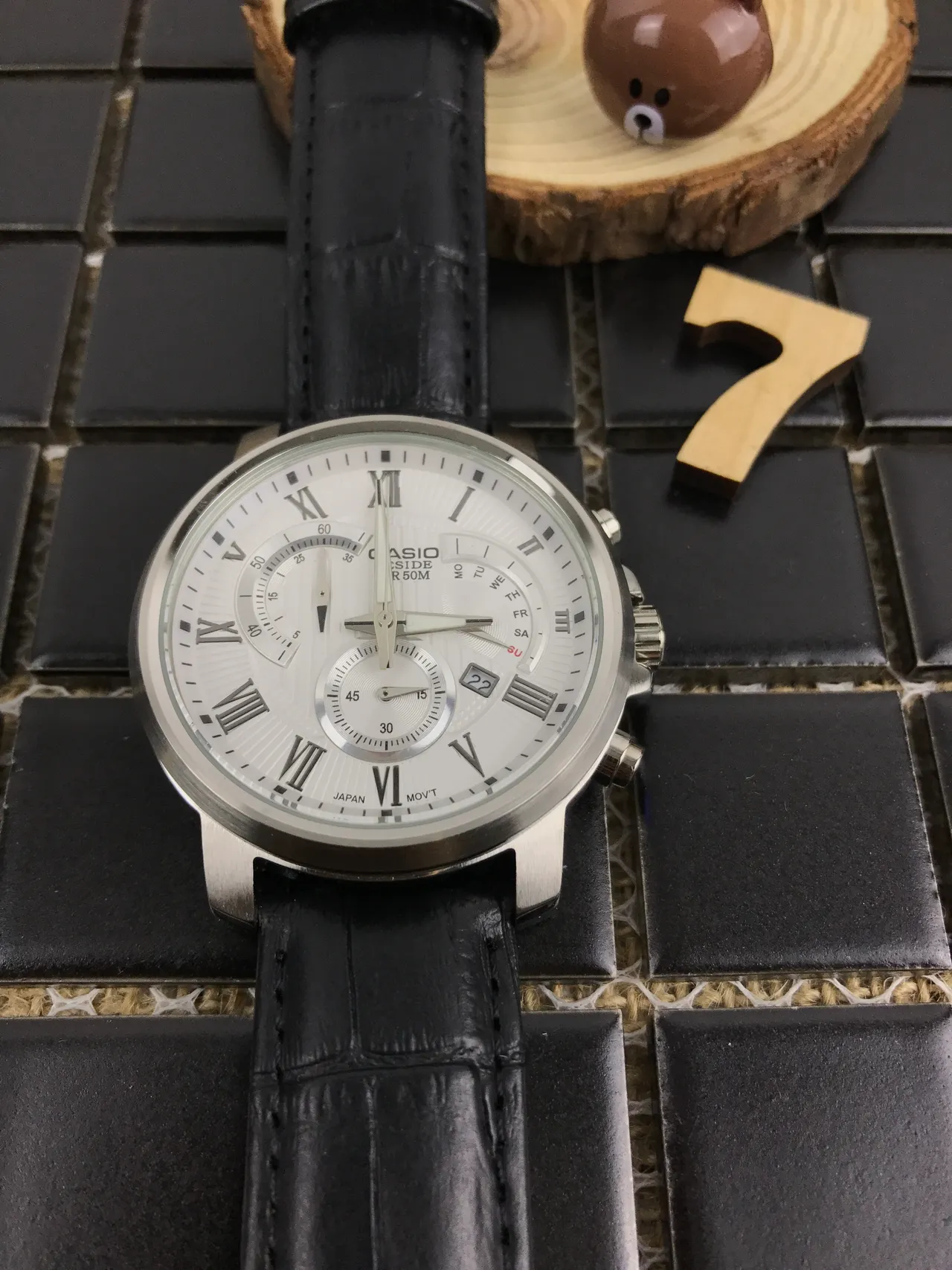 Casio Beside Chronograph White Dial Black Leather Strap Quartz Watch 9