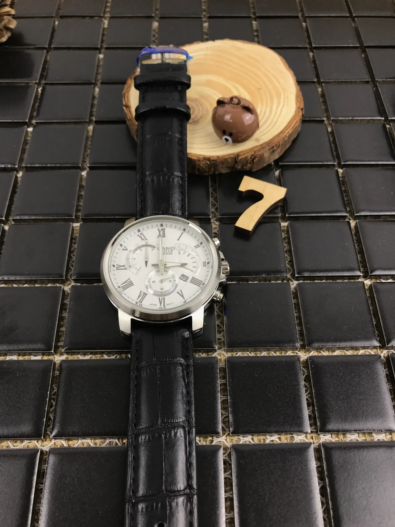 Casio Beside Chronograph White Dial Black Leather Strap Quartz Watch 10