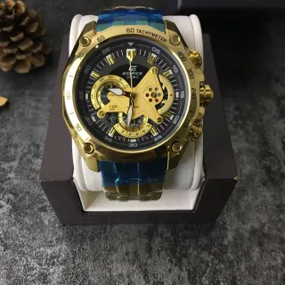 Casio Edifice সোনালি নীল কেস স্কেলেটাইজড মুভমেন্ট উইন্ডো ওয়াচ