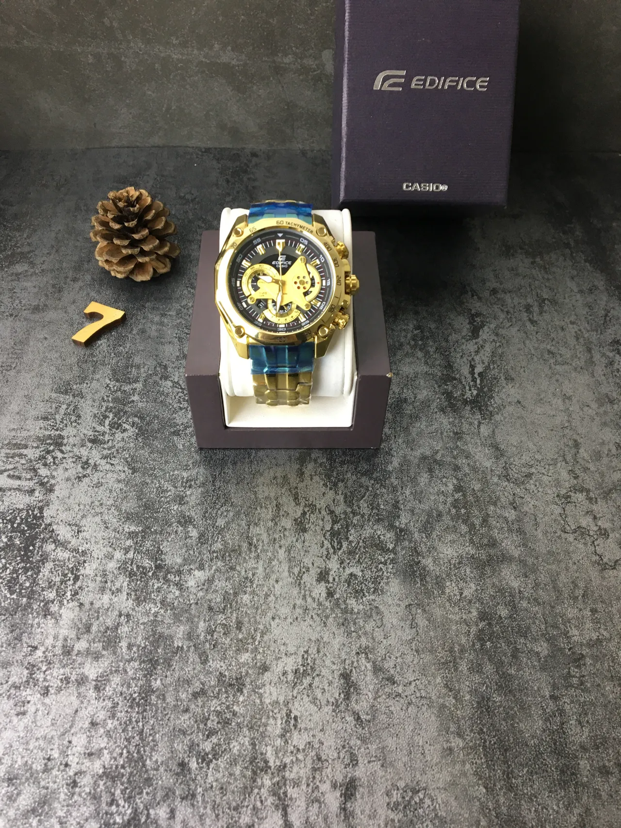 Casio Edifice Gold Blue Case Skeletonized Movement Window Watch 2