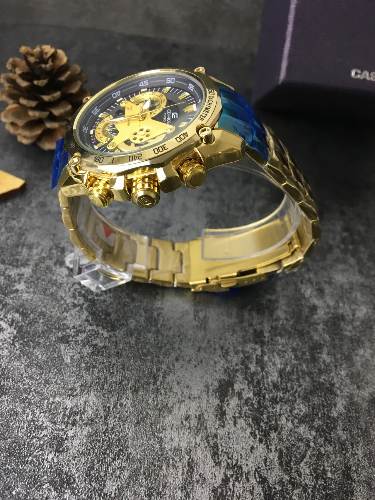 Casio Edifice Gold Blue Case Skeletonized Movement Window Watch 3