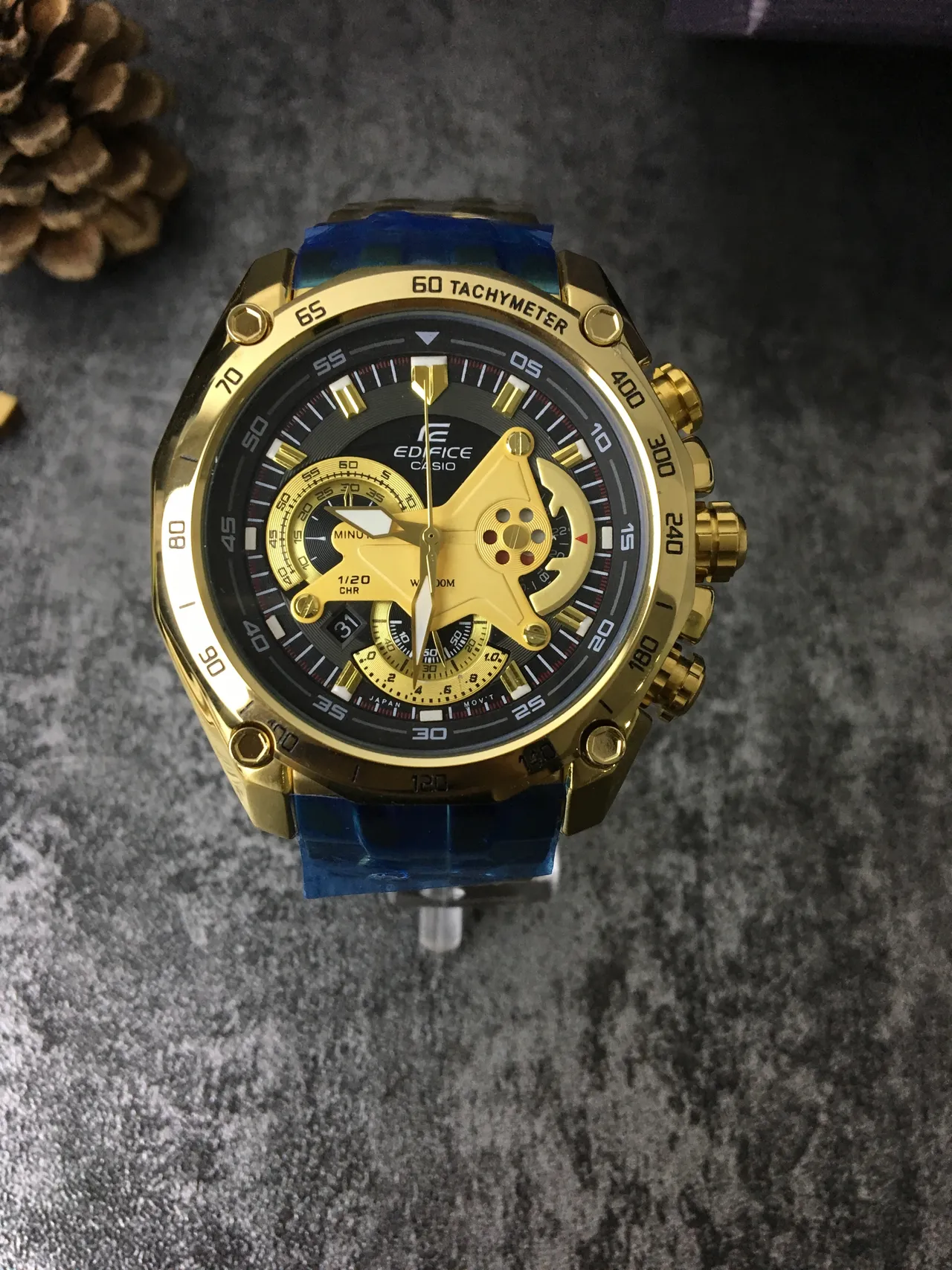 Casio Edifice Gold Blue Case Skeletonized Movement Window Watch 4