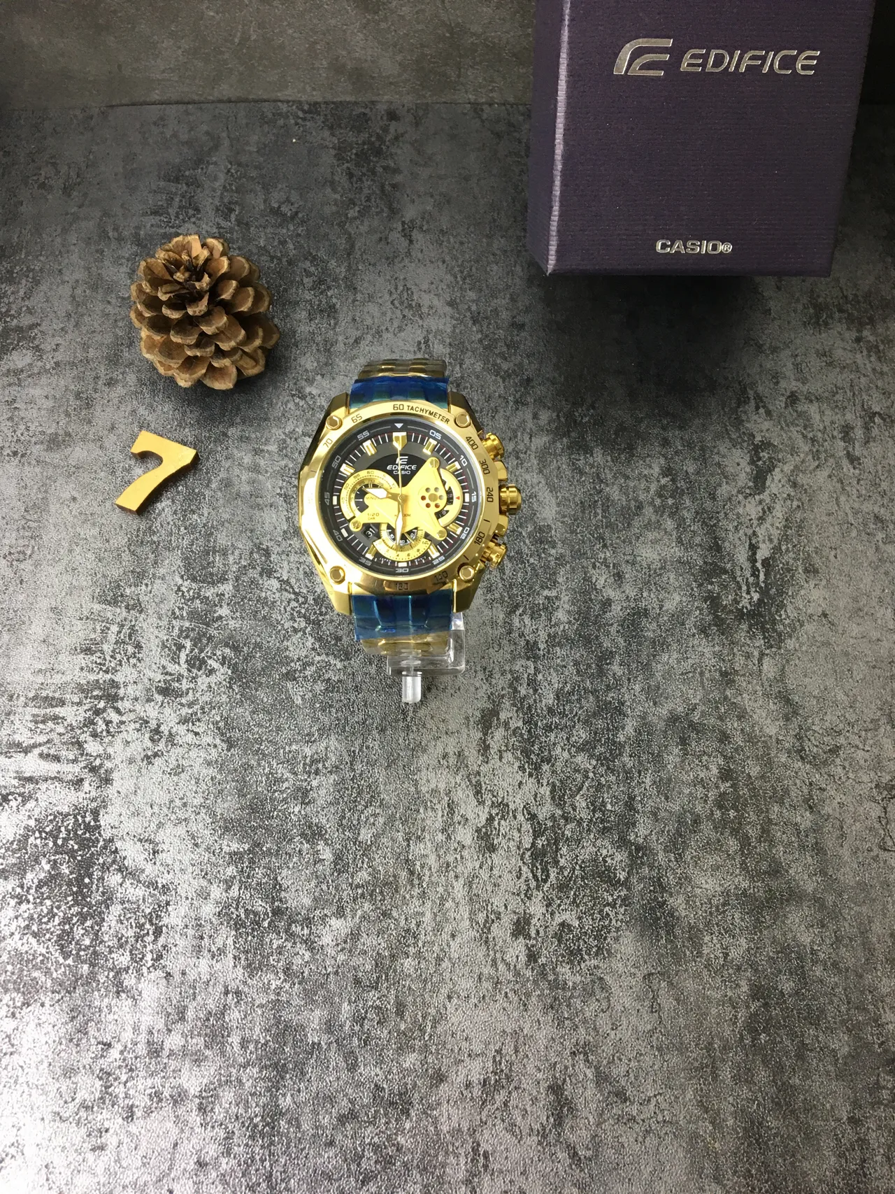 Casio Edifice Gold Blue Case Skeletonized Movement Window Watch 5