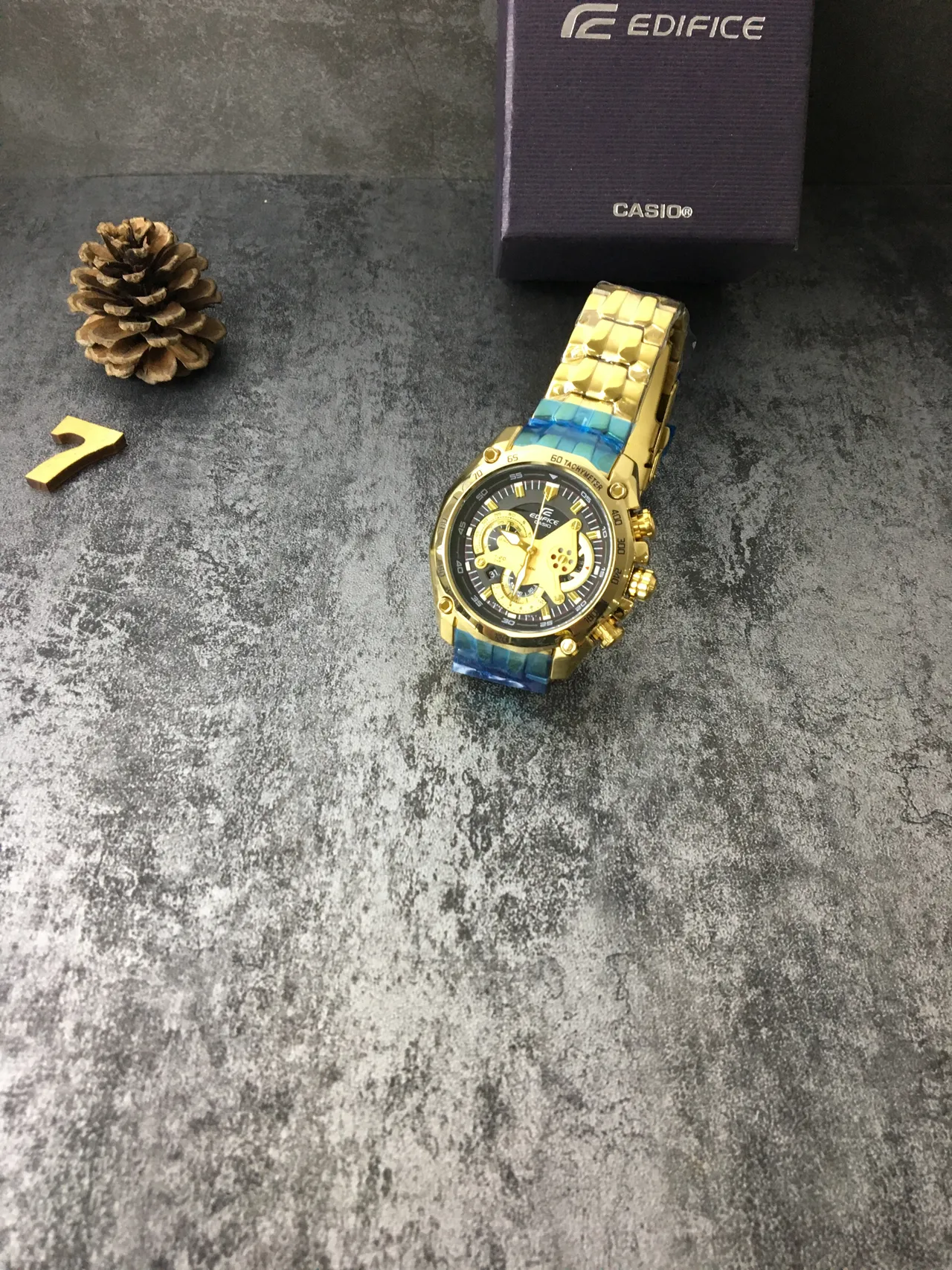 Casio Edifice Gold Blue Case Skeletonized Movement Window Watch 6