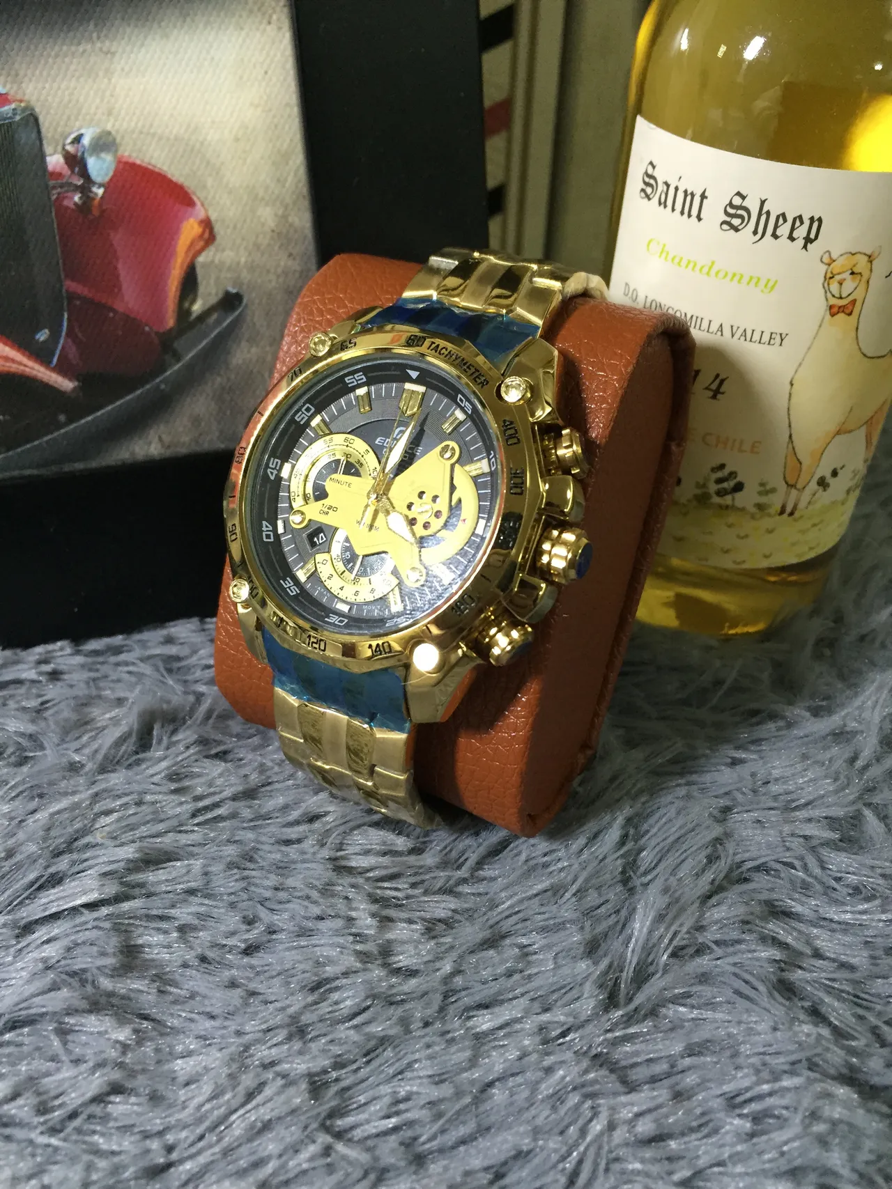 Casio Edifice Gold Blue Case Skeletonized Movement Window Watch 8