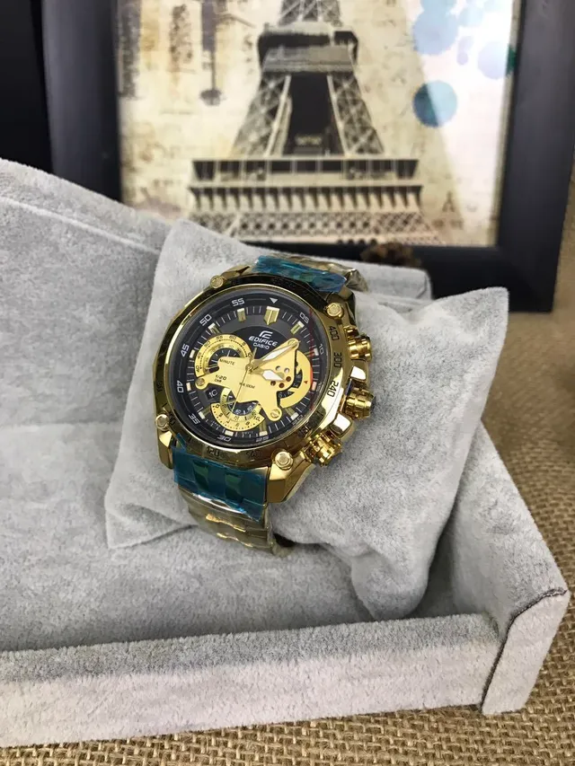 Casio Edifice Gold Blue Case Skeletonized Movement Window Watch 9