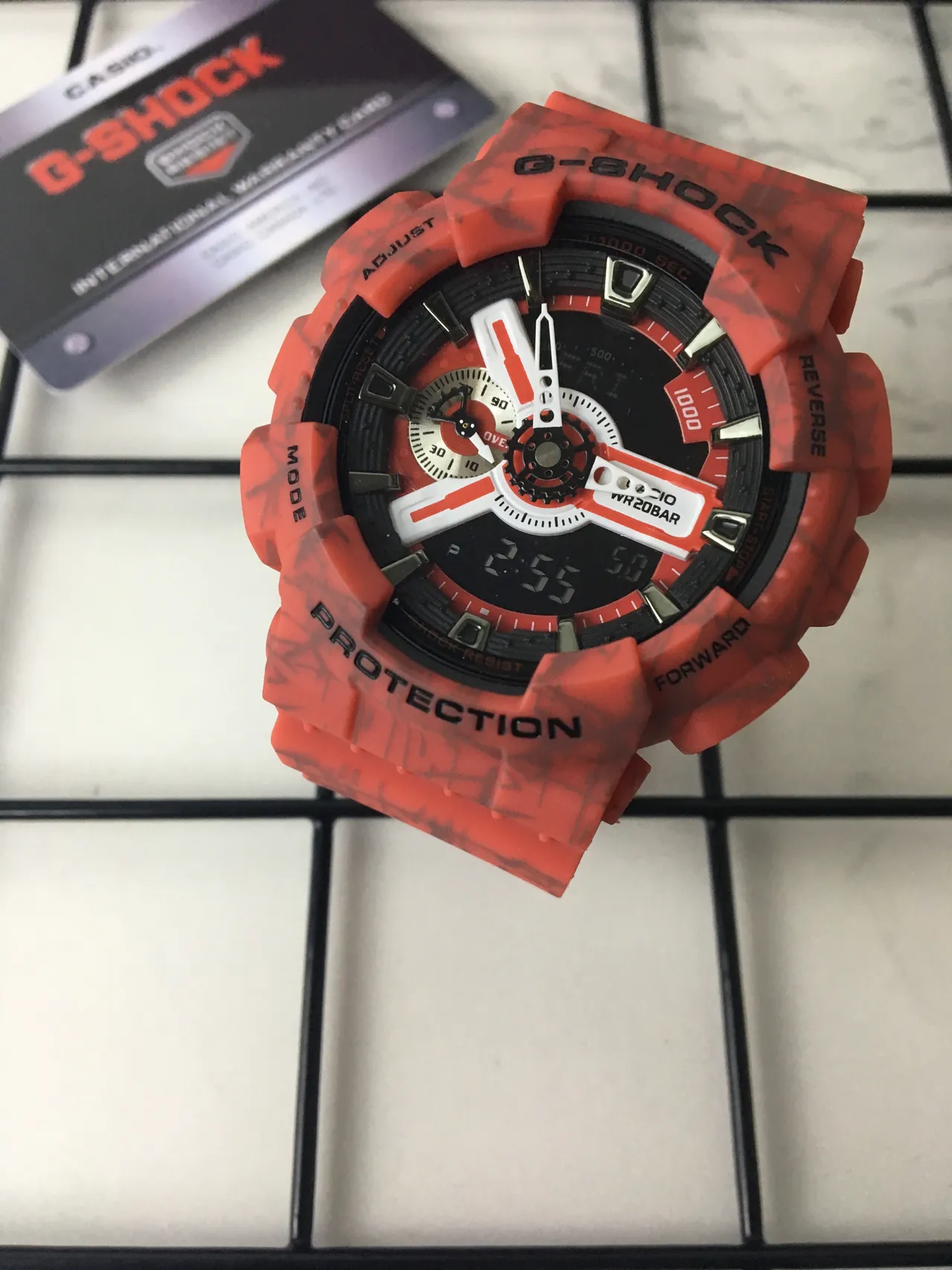 Casio Red Black Resin Marbled Case Analog-Digital Hybrid Watch 2