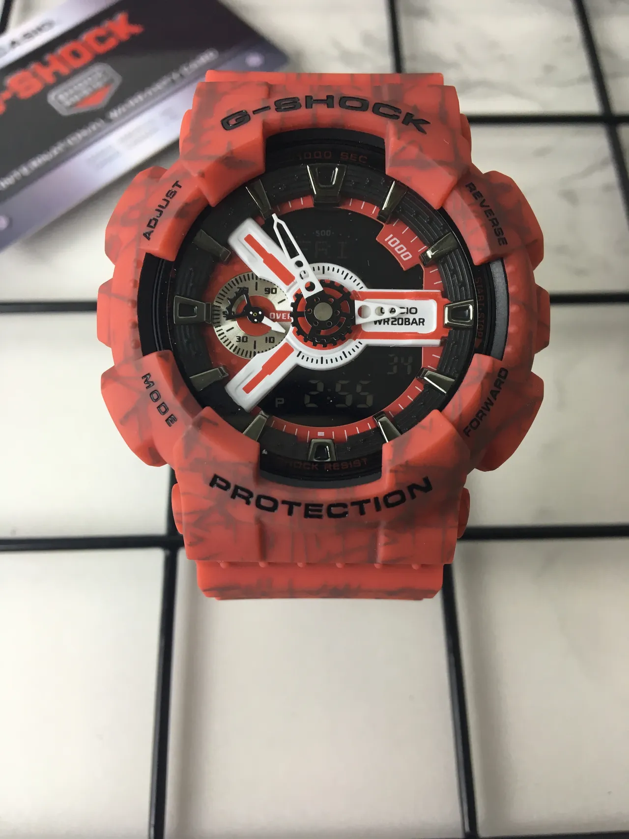 Casio Red Black Resin Marbled Case Analog-Digital Hybrid Watch 3