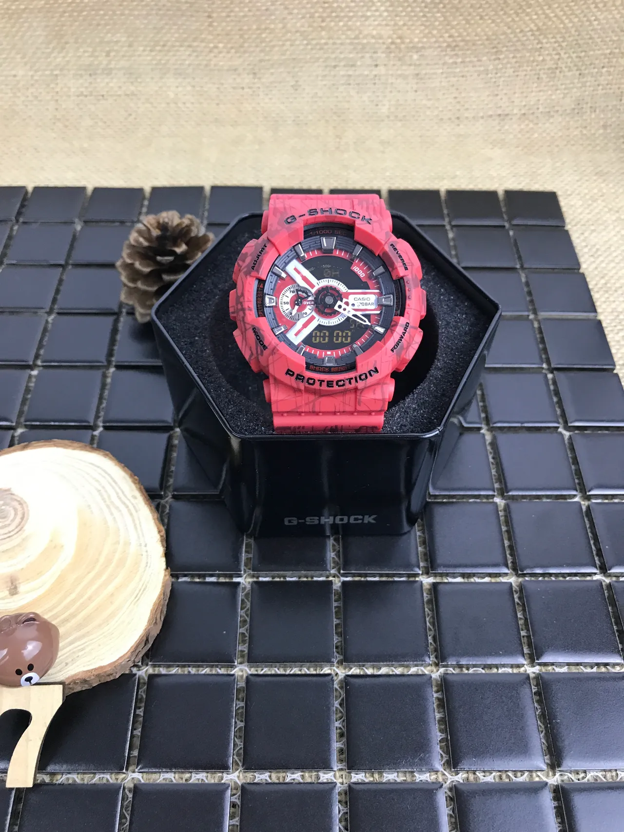 Casio Red Black Resin Marbled Case Analog-Digital Hybrid Watch 13