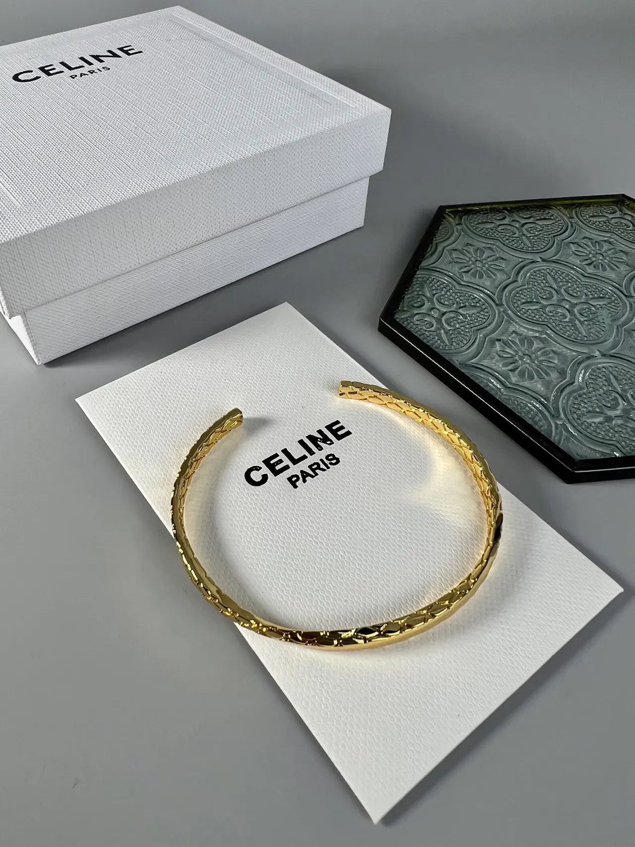 Celine Gold Open Cuff Textured Geometric Weave Bracelet 2