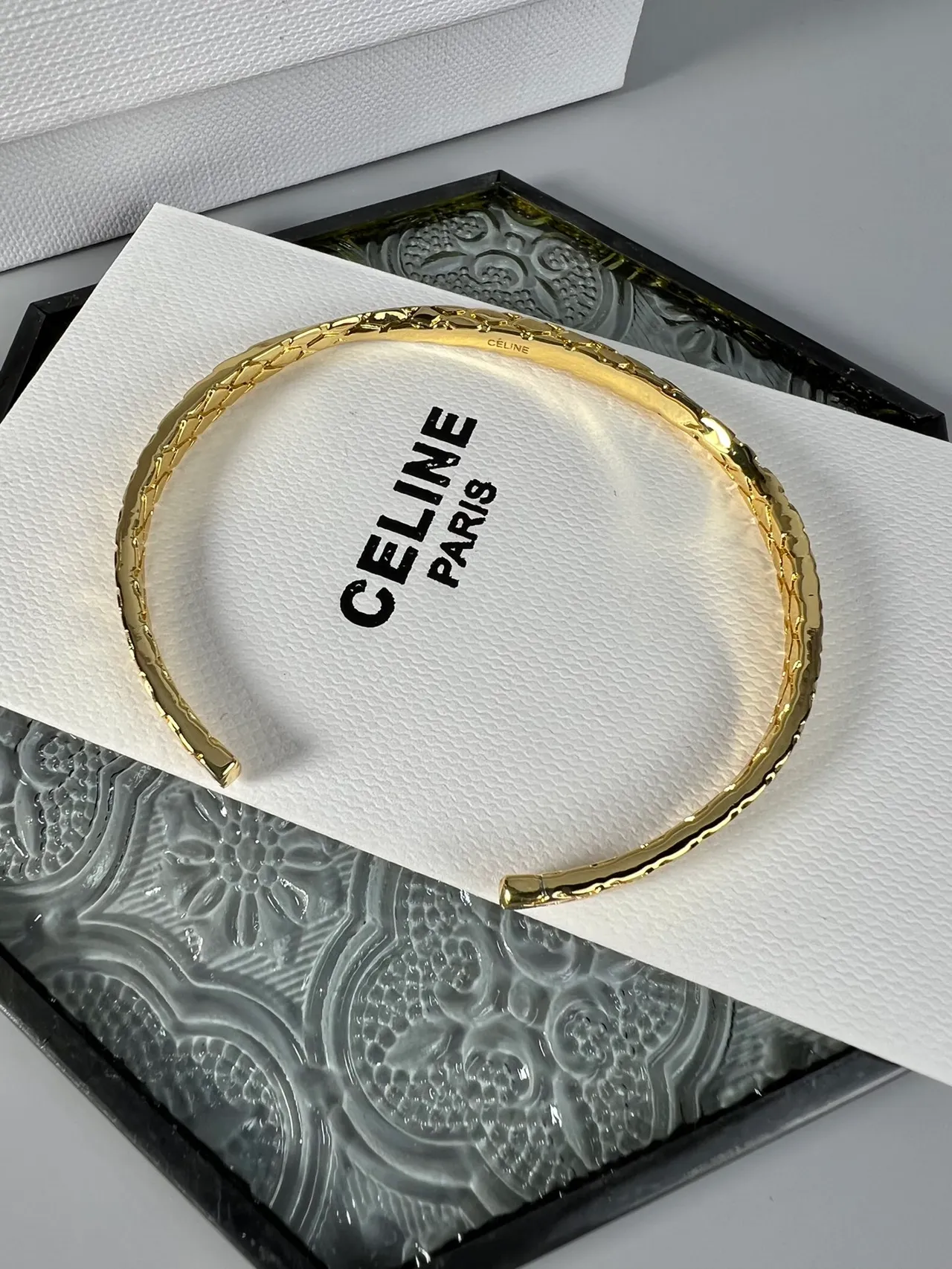Celine Gold Open Cuff Textured Geometric Weave Bracelet 4