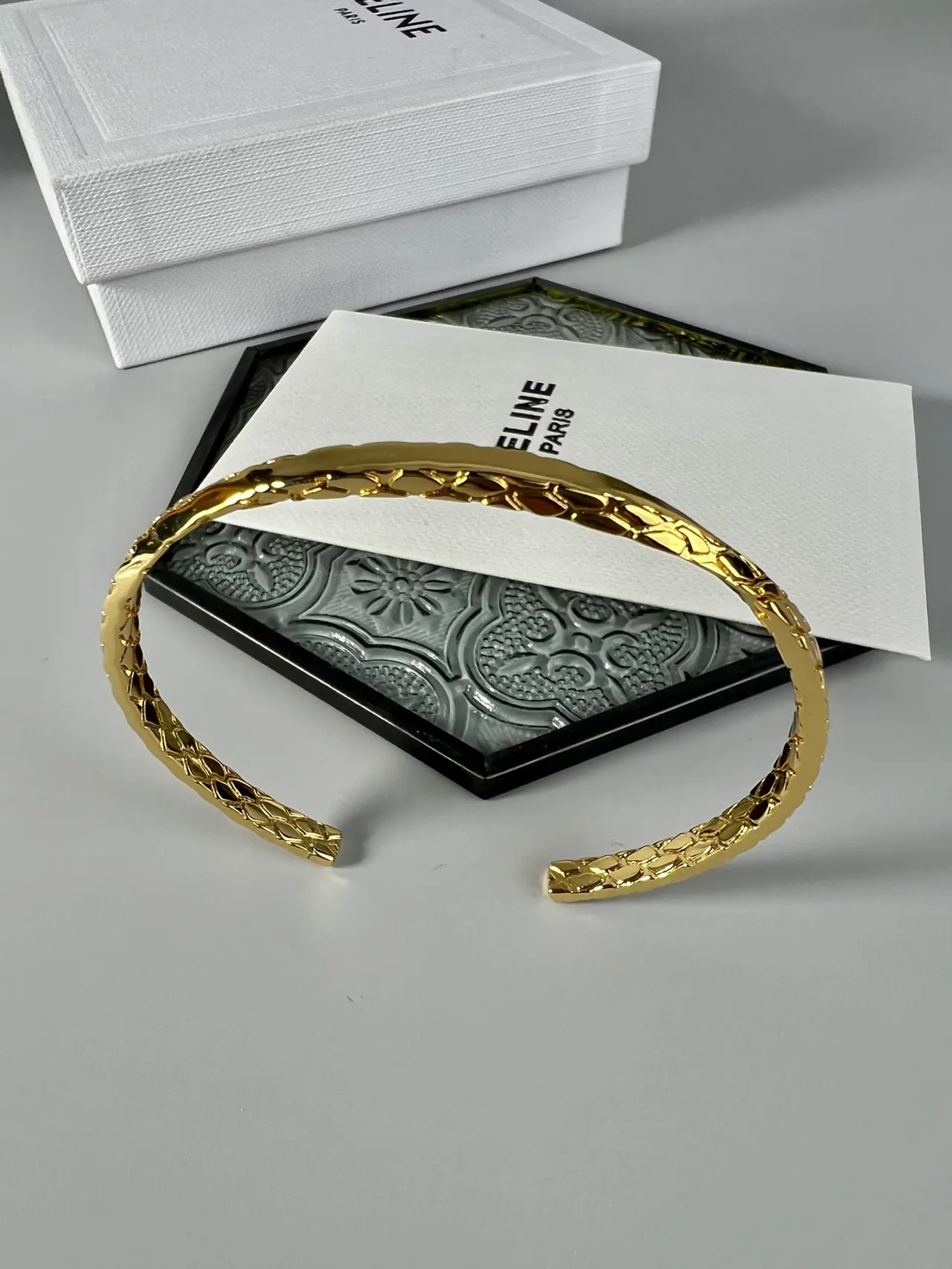 Celine Gold Open Cuff Textured Geometric Weave Bracelet 5