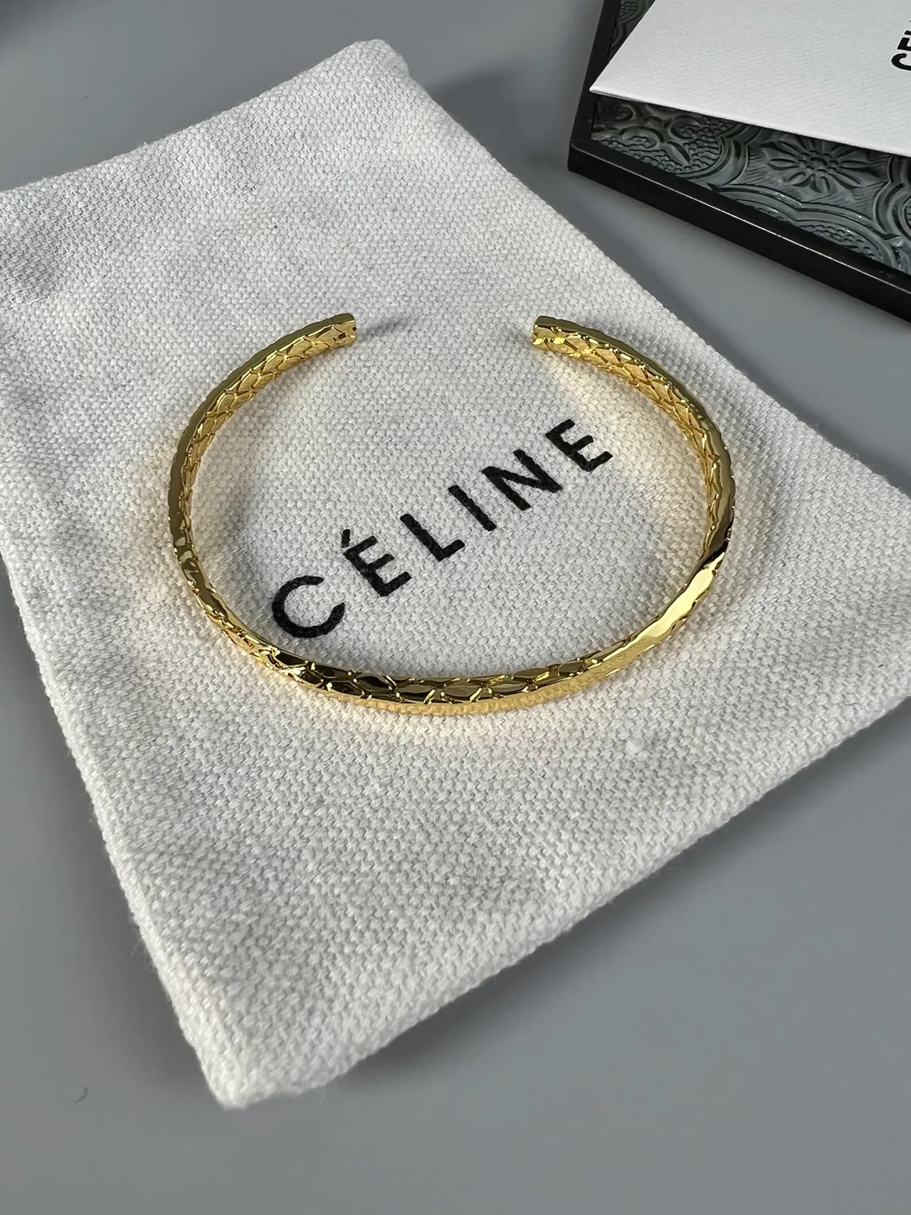Celine Gold Open Cuff Textured Geometric Weave Bracelet 6