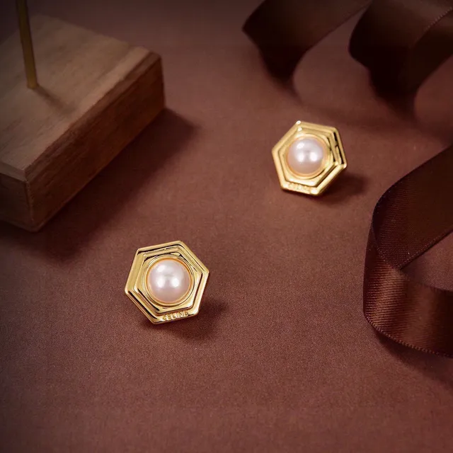 Celine Hexagonal Pearl Stud Earrings 2