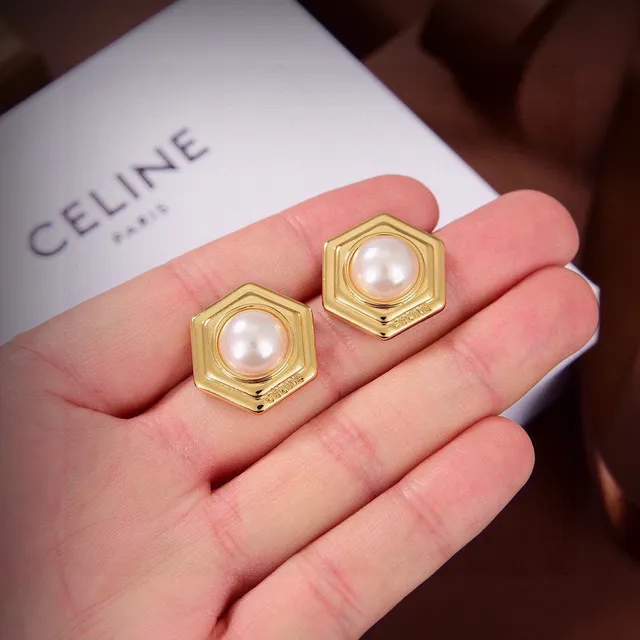Celine Hexagonal Pearl Stud Earrings 6