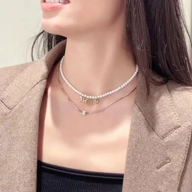 Celine Letter Pendant Pearl Necklace 2