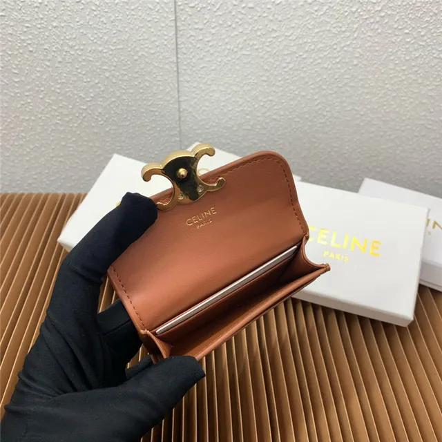 Celine Triomphe Beige Gold Compact Rectangular Silhouette Flap Closure Card Holder 2