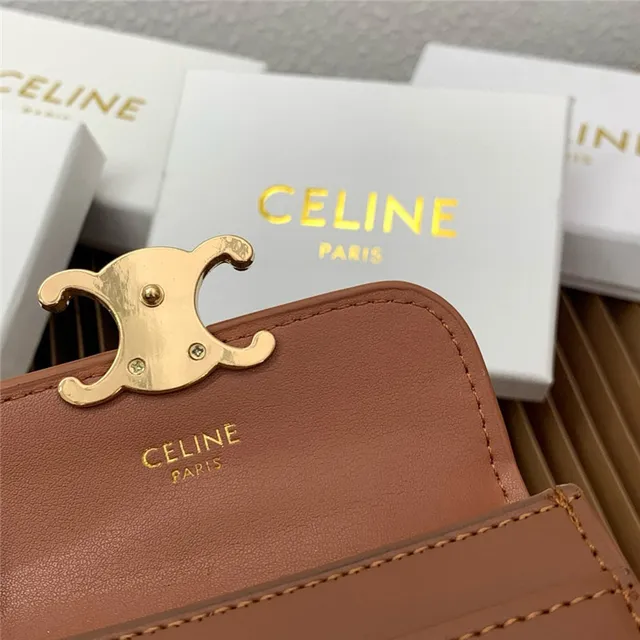 Celine Triomphe Beige Gold Compact Rectangular Silhouette Flap Closure Card Holder 3