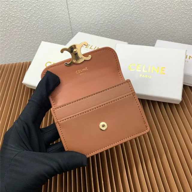 Celine Triomphe Beige Gold Compact Rectangular Silhouette Flap Closure Card Holder 4