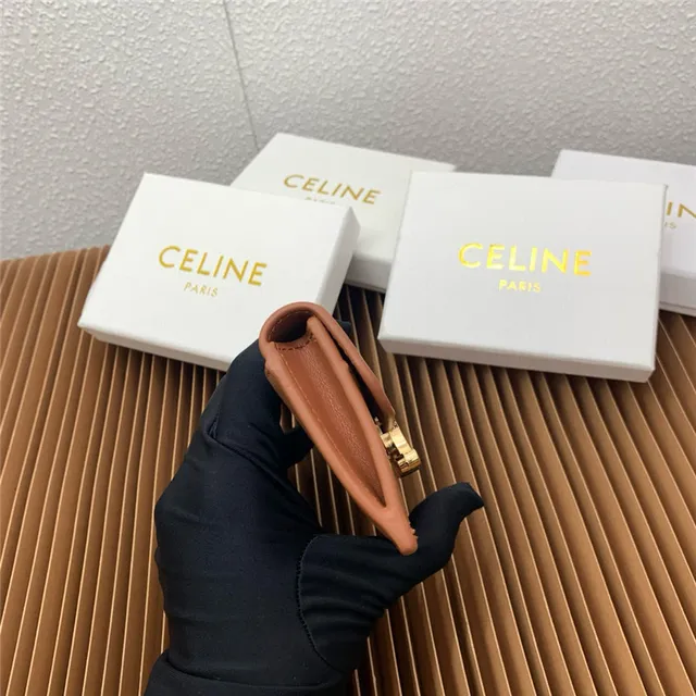 Celine Triomphe Beige Gold Compact Rectangular Silhouette Flap Closure Card Holder 5