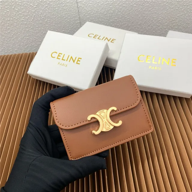 Celine Triomphe Beige Gold Compact Rectangular Silhouette Flap Closure Card Holder 7
