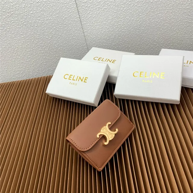Celine Triomphe Beige Gold Compact Rectangular Silhouette Flap Closure Card Holder 9