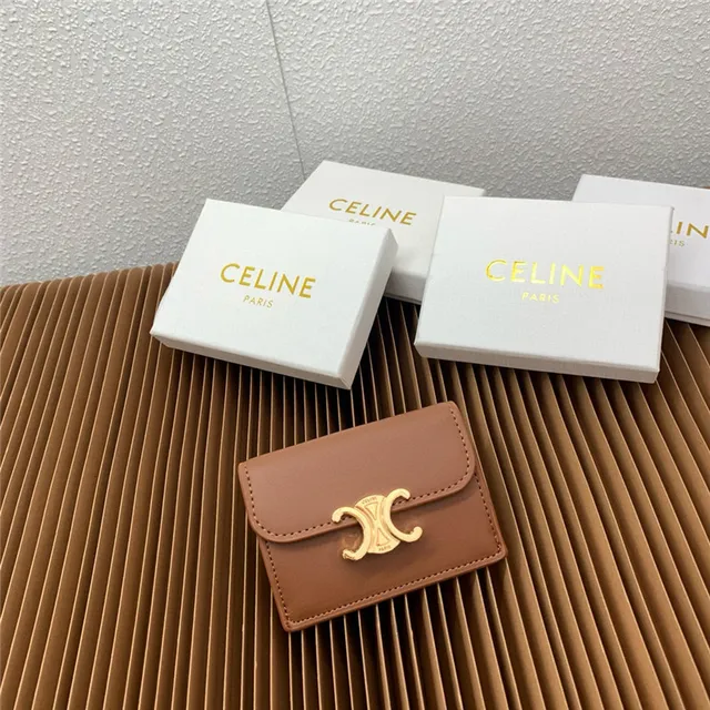 Celine Triomphe Beige Gold Compact Rectangular Silhouette Flap Closure Card Holder 10