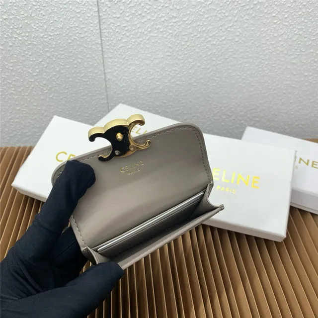 Celine Triomphe Beige Gold Compact Rectangular Silhouette Flap Closure Card Holder 11