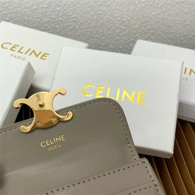 Celine Triomphe Beige Gold Compact Rectangular Silhouette Flap Closure Card Holder 12