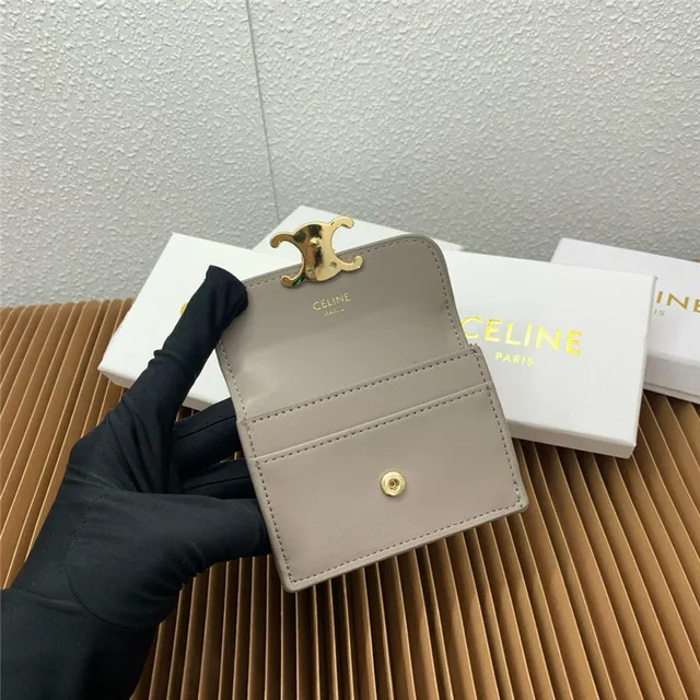 Celine Triomphe Beige Gold Compact Rectangular Silhouette Flap Closure Card Holder 13