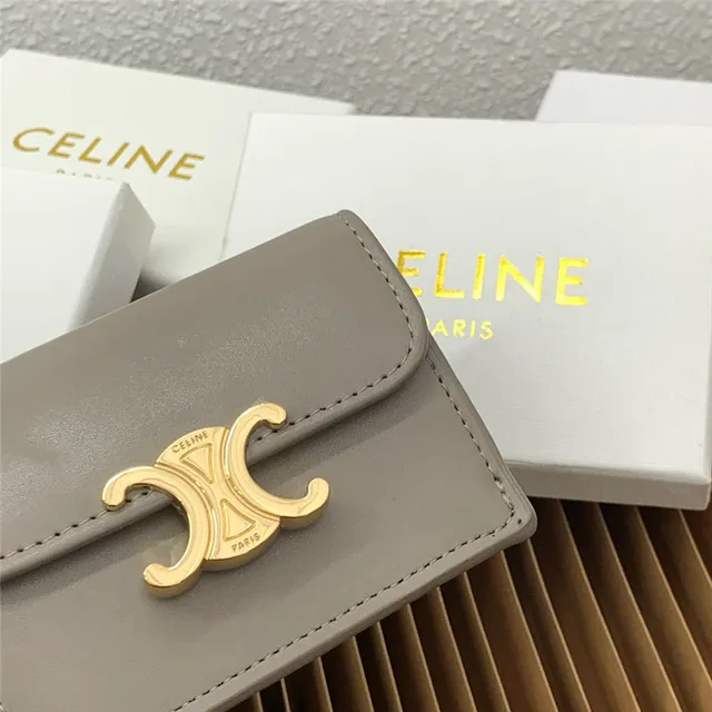 Celine Triomphe Beige Gold Compact Rectangular Silhouette Flap Closure Card Holder 15