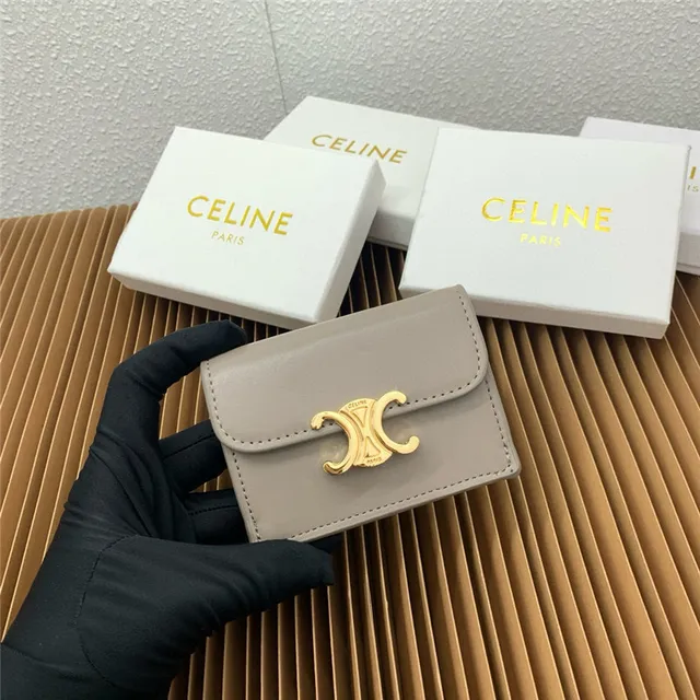 Celine Triomphe Beige Gold Compact Rectangular Silhouette Flap Closure Card Holder 16