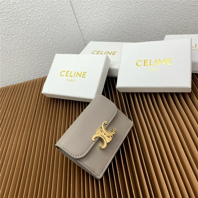 Celine Triomphe Beige Gold Compact Rectangular Silhouette Flap Closure Card Holder 18