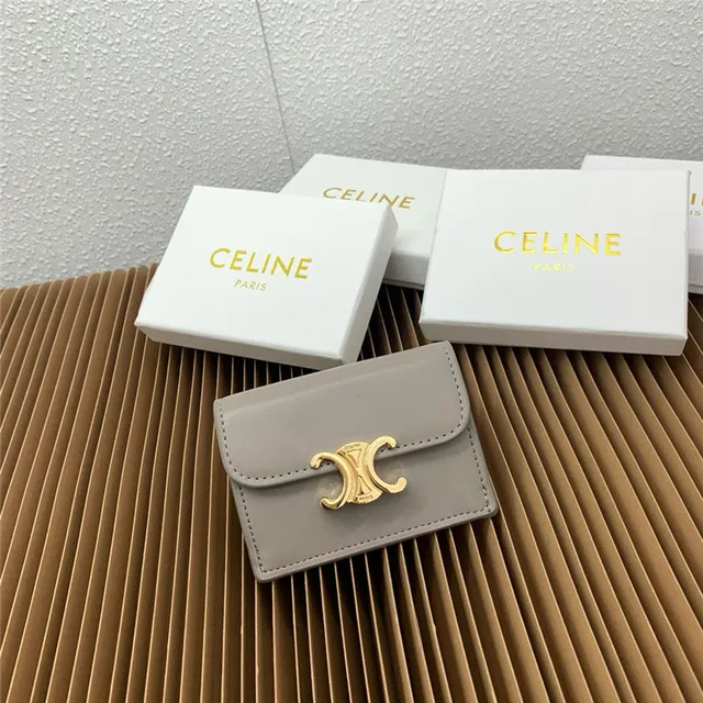 Celine Triomphe Beige Gold Compact Rectangular Silhouette Flap Closure Card Holder 19