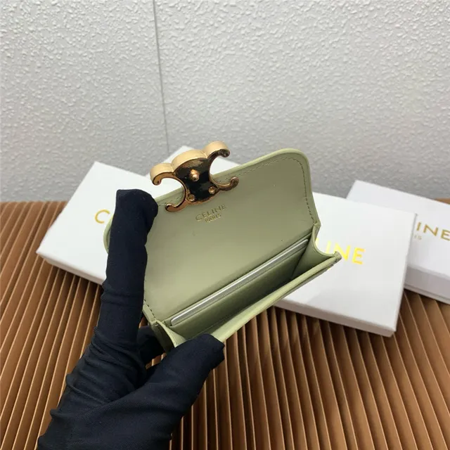 Celine Triomphe Beige Gold Compact Rectangular Silhouette Flap Closure Card Holder 20