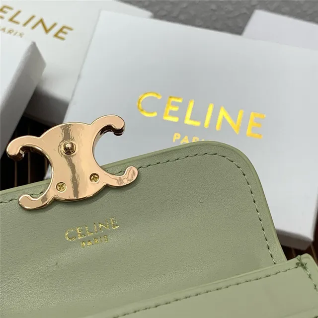 Celine Triomphe Beige Gold Compact Rectangular Silhouette Flap Closure Card Holder 21