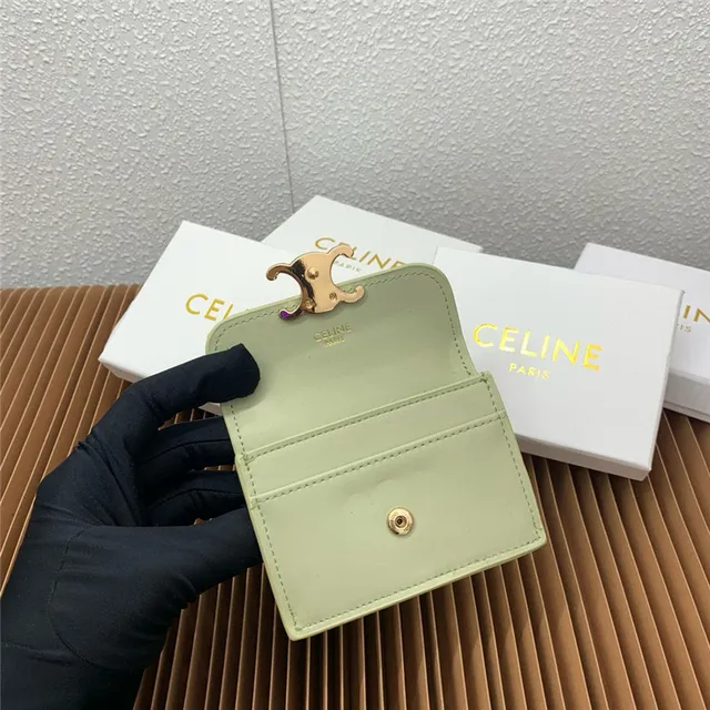 Celine Triomphe Beige Gold Compact Rectangular Silhouette Flap Closure Card Holder 22