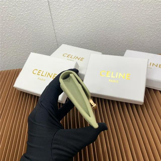 Celine Triomphe Beige Gold Compact Rectangular Silhouette Flap Closure Card Holder 23