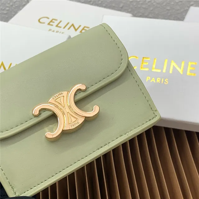 Celine Triomphe Beige Gold Compact Rectangular Silhouette Flap Closure Card Holder 24