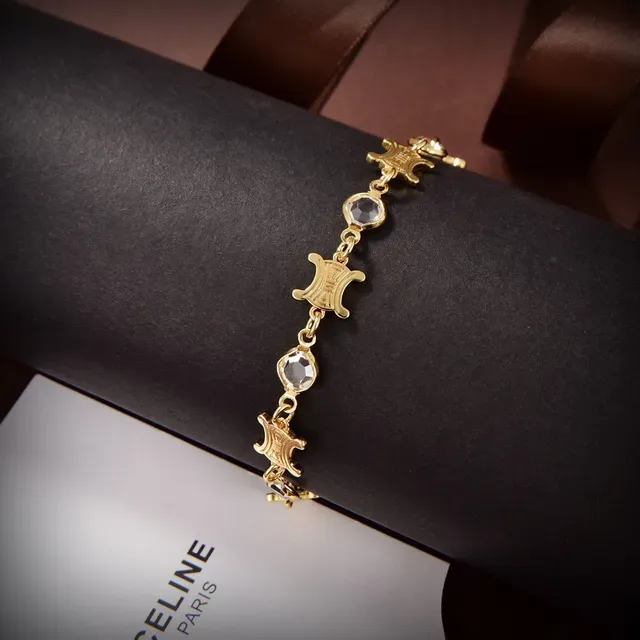 Celine Triomphe Gold-Tone Faceted Stone Link Bracelet 3