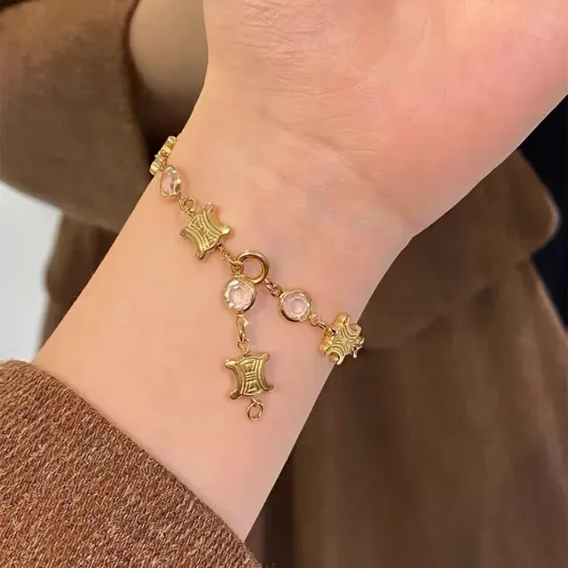 Celine Triomphe Gold-Tone Faceted Stone Link Bracelet 6