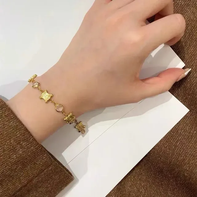 Celine Triomphe Gold-Tone Faceted Stone Link Bracelet 7
