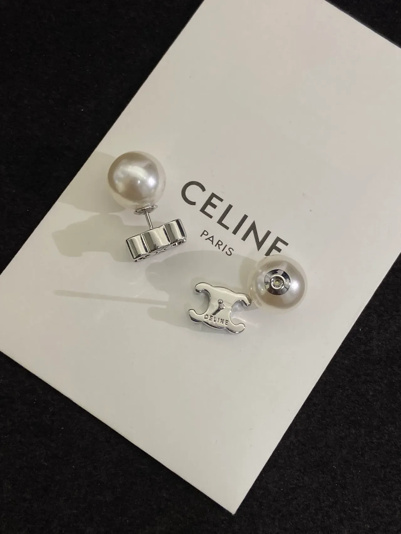 Celine White Silver Pearl Studs Geometric Base Earrings 2