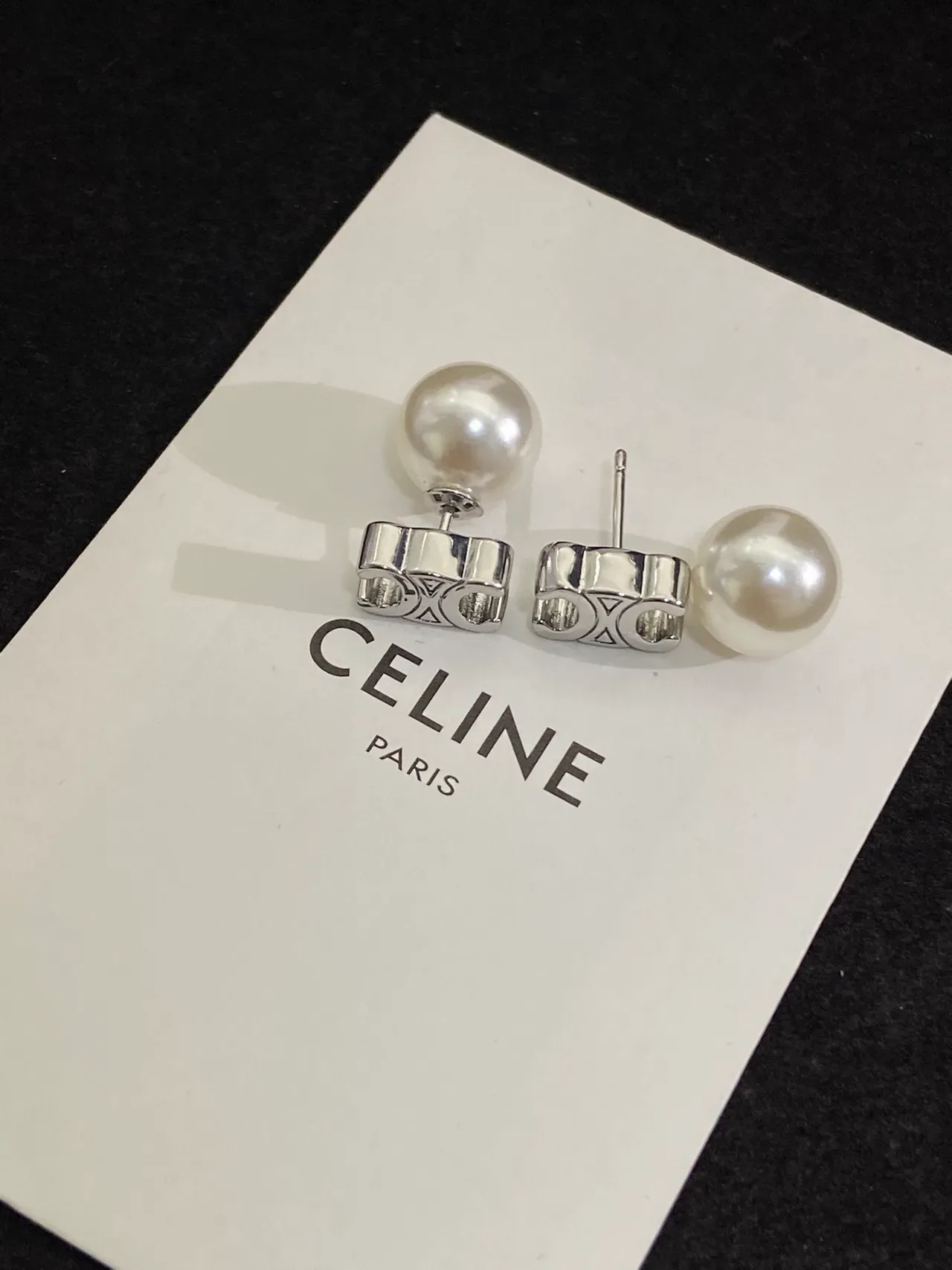 Celine White Silver Pearl Studs Geometric Base Earrings 3