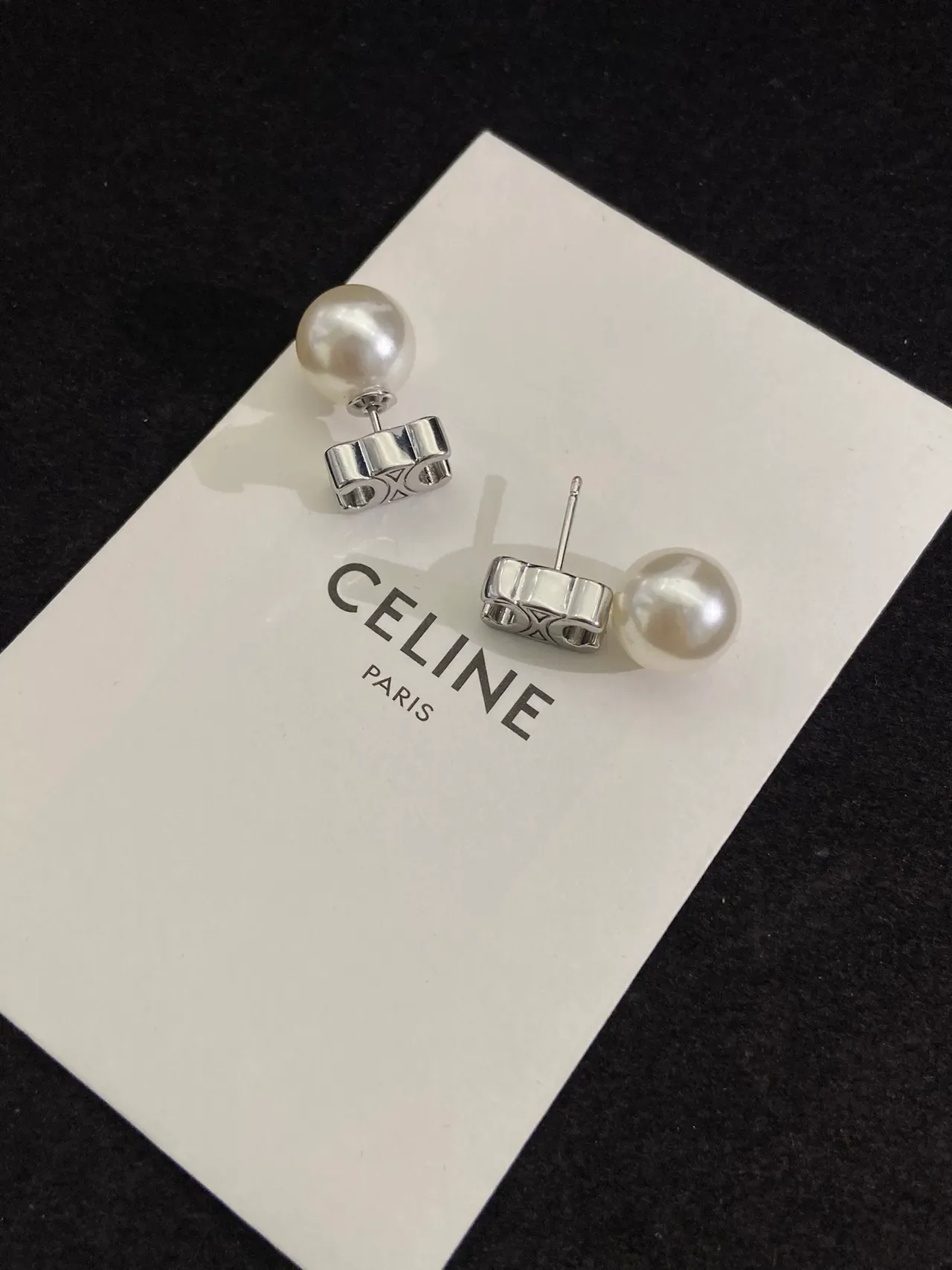 Celine White Silver Pearl Studs Geometric Base Earrings 4