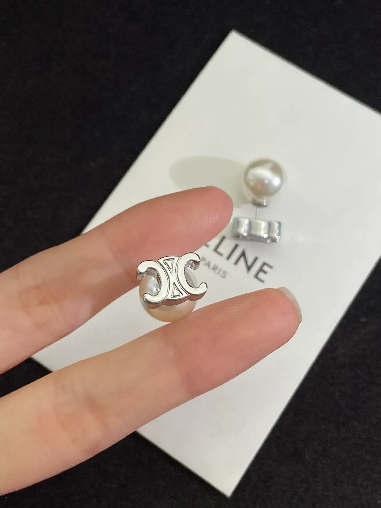 Celine White Silver Pearl Studs Geometric Base Earrings 5
