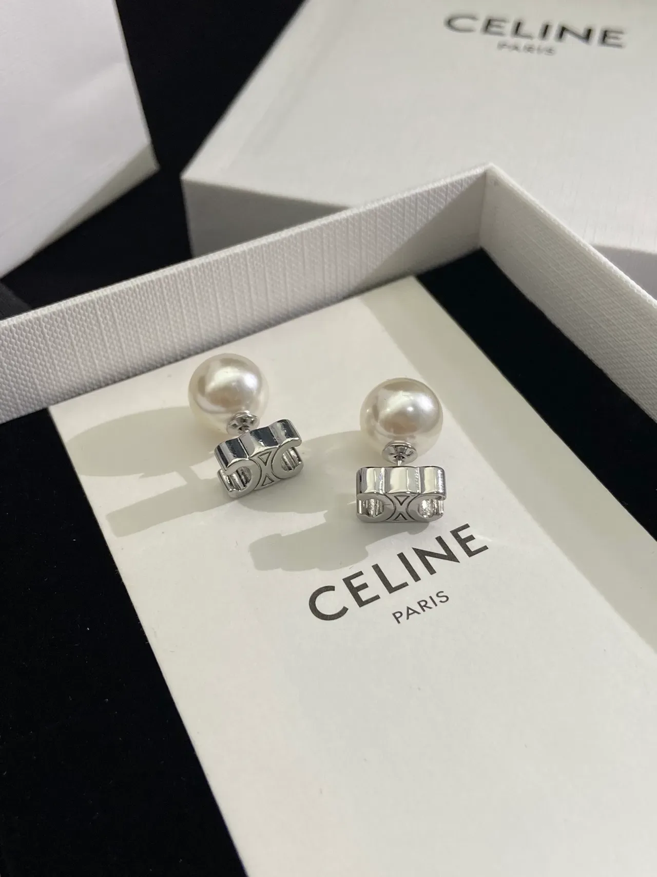 Celine White Silver Pearl Studs Geometric Base Earrings 6